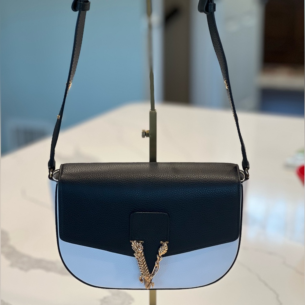 Versace Virtus Black & White Saddle Bag — Gold Barocco V, Brand New w/ Dust Bag